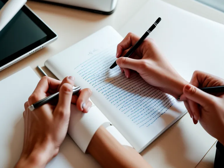 Hand mit digitalem Eingabestift auf einem Grafiktablett neben analogen Skizzen.