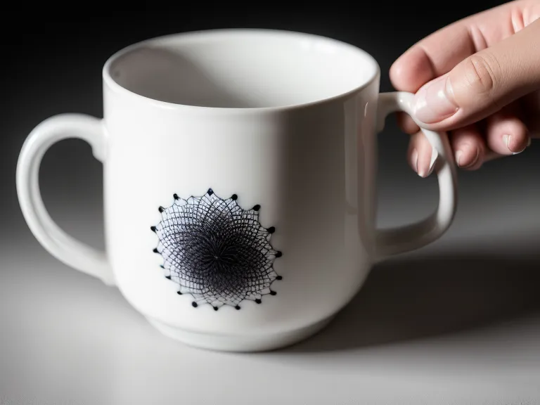 Nahaufnahme der Stiftführung eines Porzellanmarkers auf einer glatten, glasierten Tasse.